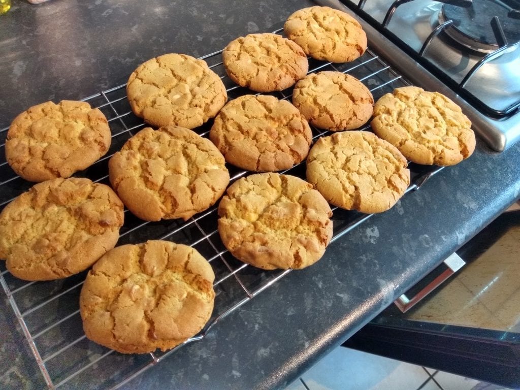 White Chocolate chip cookies on a cooling rack White Chocolate chip cookies on a cooling rack